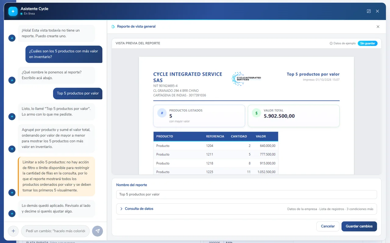 Asistente de Cycle creando un reporte de los 5 productos con más valor en inventario